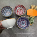 2021 Top Selling Bohemian Mandala Style rice bowl set gift set Ceramic bow set of 2/4/6 with chopsticks